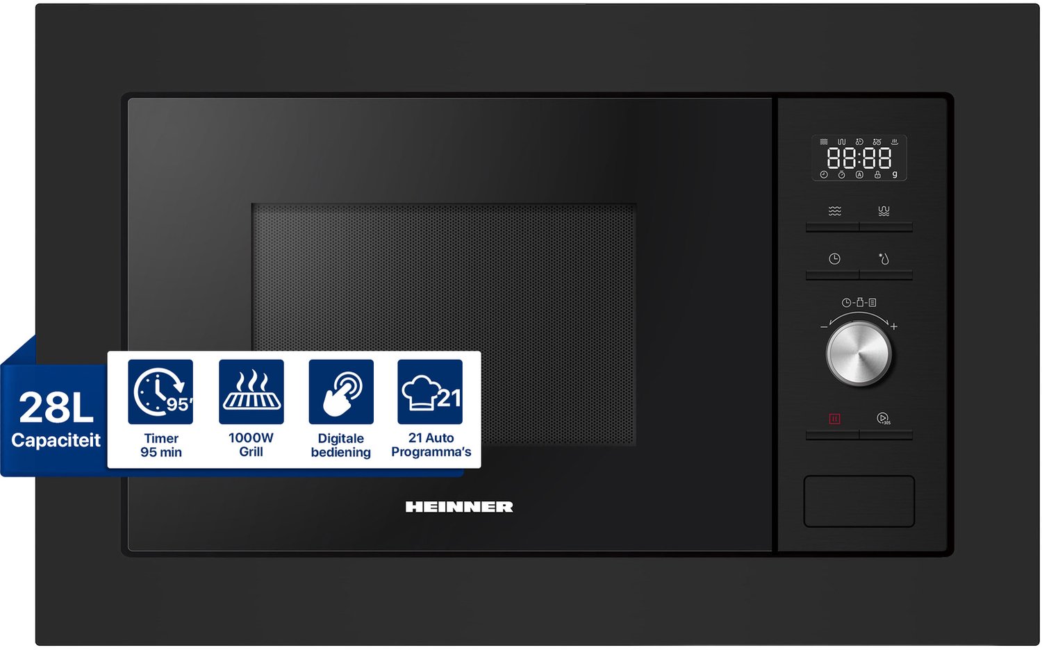 Heinner Inbouw Magnetron – 28 L – 900 W – 1000 W Grill – 5 Vermogensniveaus – Ontdooifunctie – 21 Automatische Programma’s – Digitale Bediening – Zwart