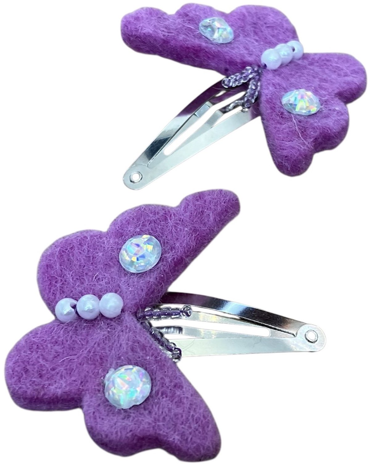 Luna-Leena duurzame haarspeldjes vlinder paars (set) - L5cm - wol vilt - klik klak speld zilver - handgemaakt in Nepal - butterfly hair clips - haar accessoires - cadeau - feest - verjaardag - sieraad - dieren speldjes