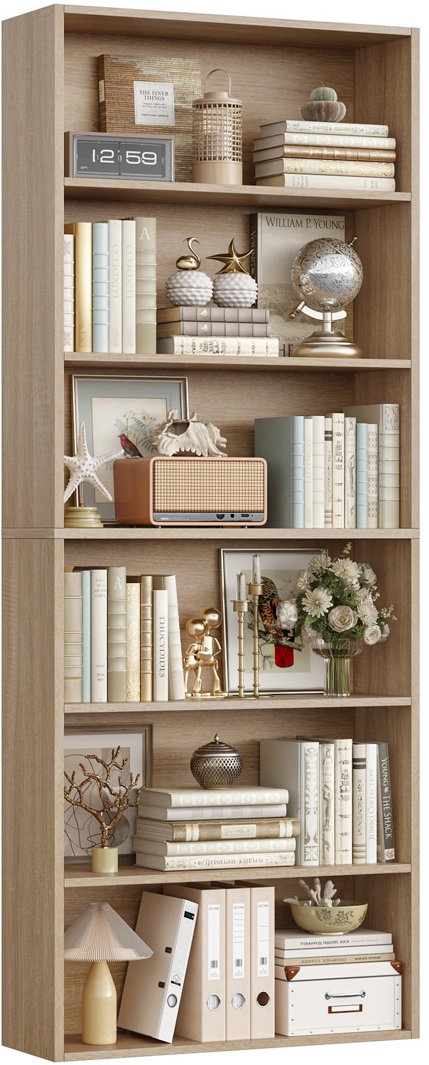 MokoHub Boekenkast 6-Laags - Houten Woonkamerplank - Displayrek/Opbergrek - 180 cm Hoog - 60x23.5x180 cm - Naturel