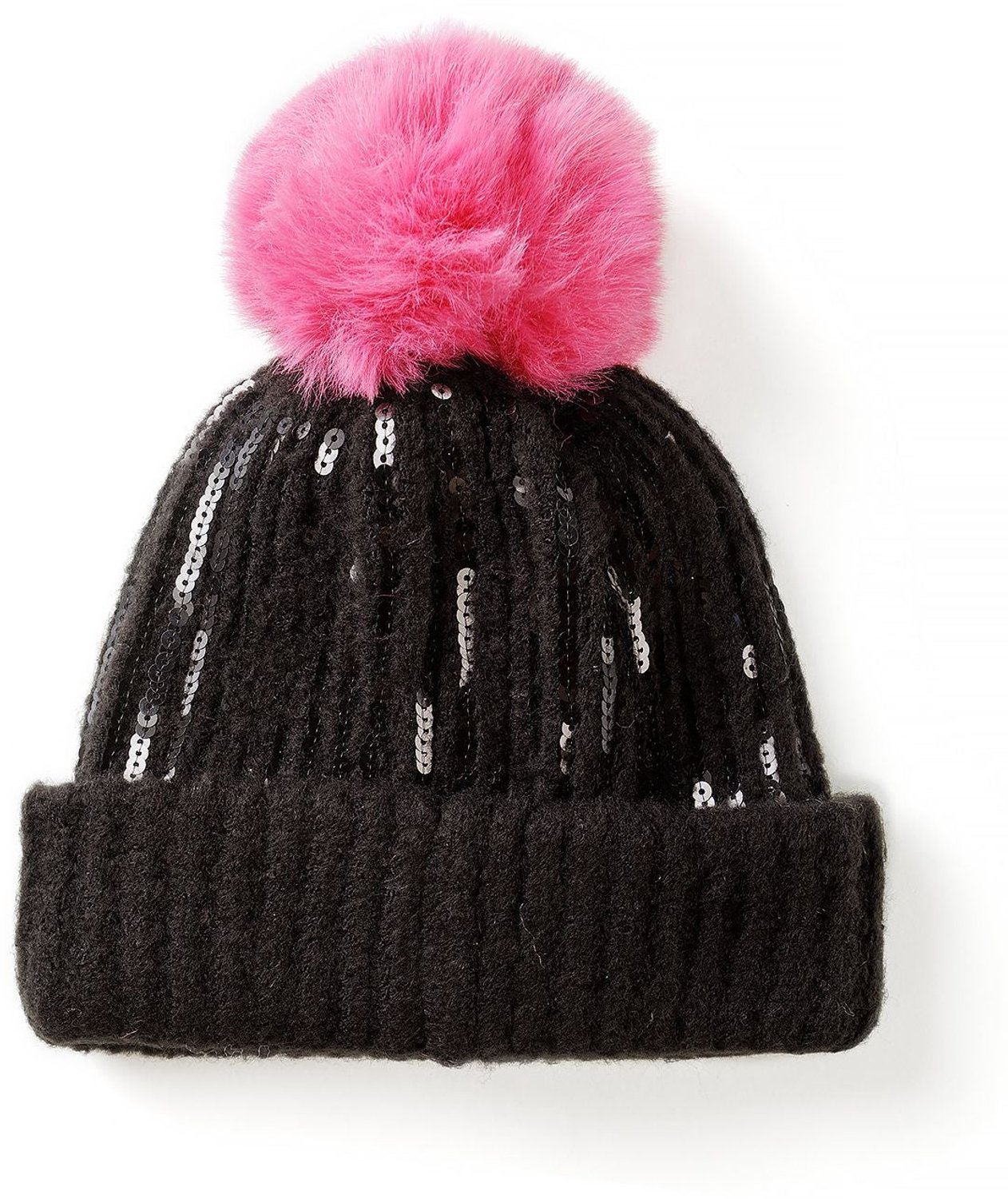 Minoti muts meisje – geribd met pailletten – felroze pompon – zwart