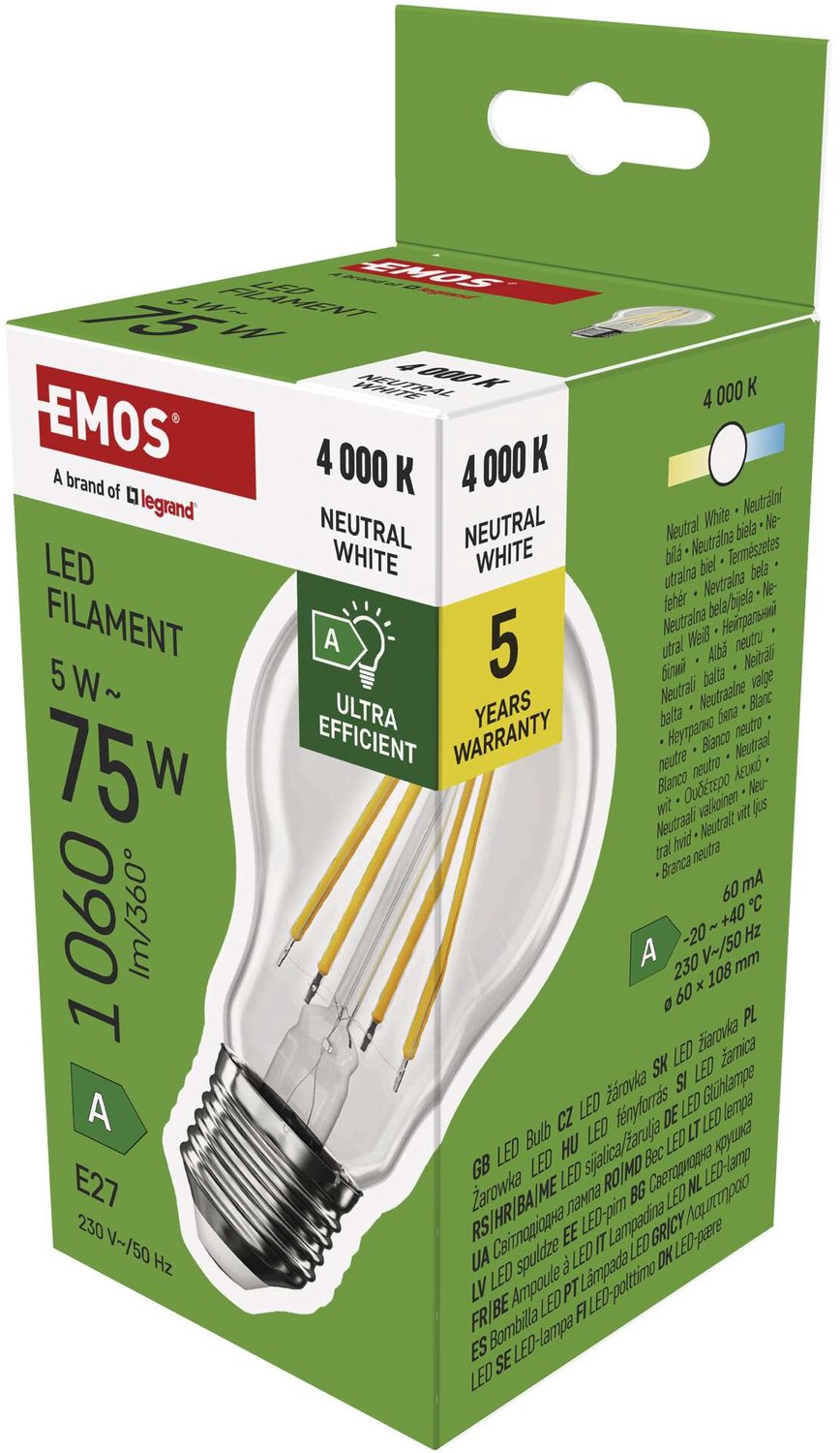 EMOS LED-lamp Filament A60 A-klasse / E27 / 5 W (75 W) / 1 060 lm / neutraal wit, ZF5158