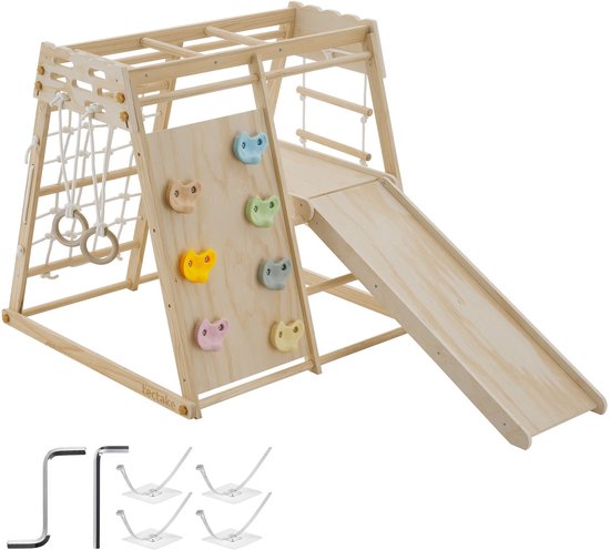 Houten 7-in-1 speeltoestel met klimwand, gekleurde grepen, glijbaan, klimnet en turnringen.