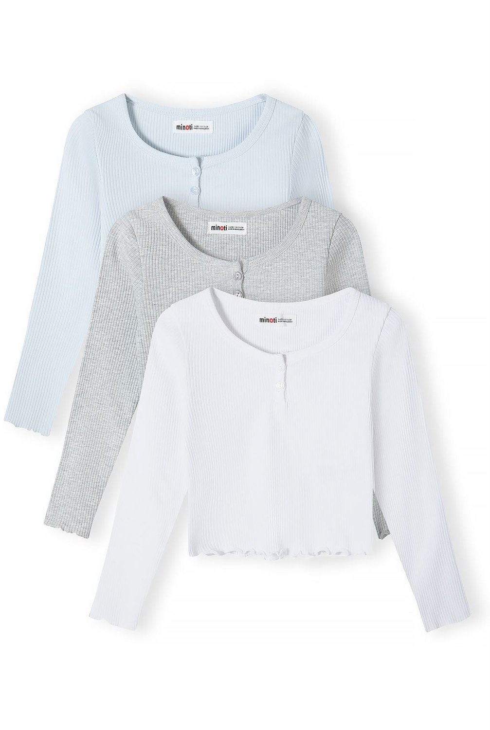 Minoti longsleeve meisjes – geribd met knoopjes – 3-pack – lichtblauw en wit