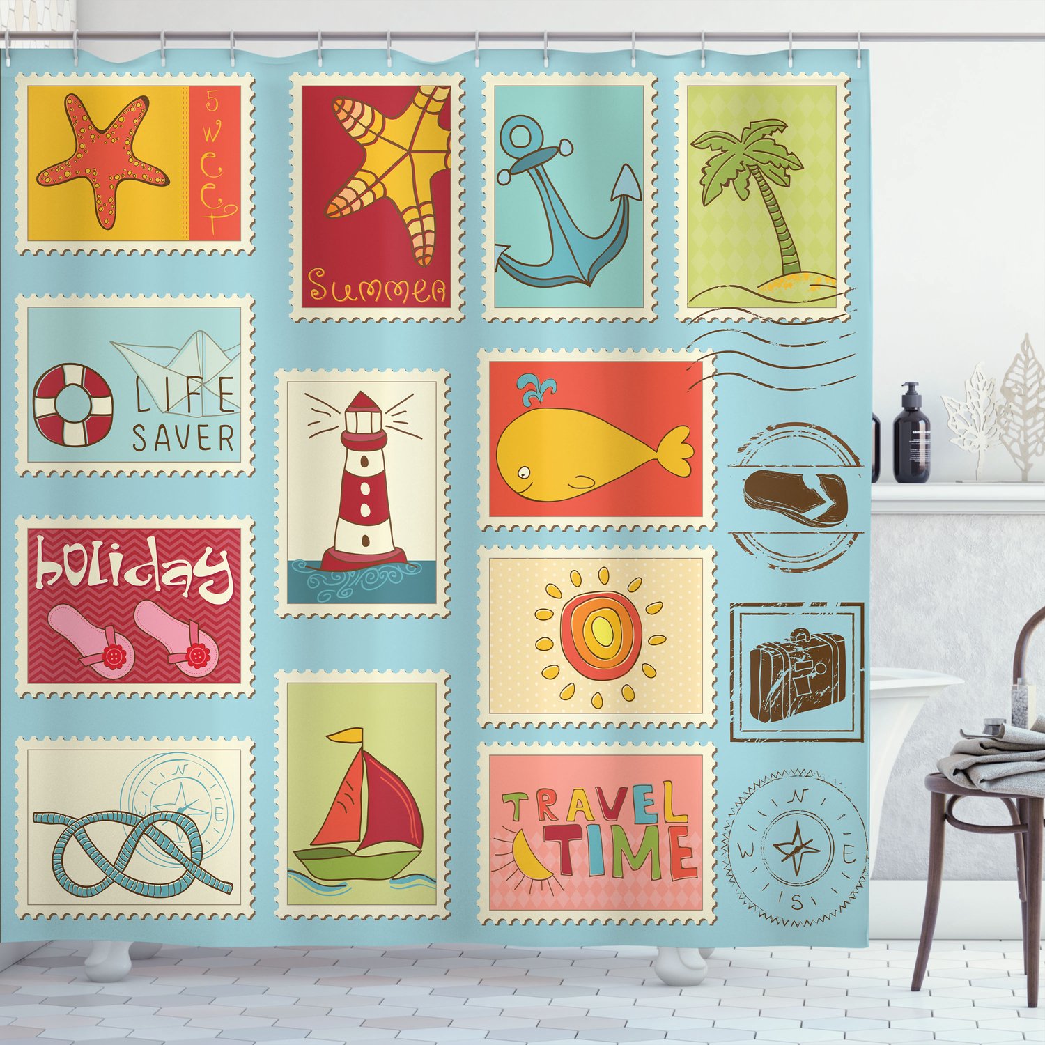 ABAKUHAUS Zeegezicht Douchegordijn, Nautisch Thema met Vuurtoren, Anker, Palmbomen, Strand en Zeilen, Stoffen Badkamerdecoratieset met Haken, 175 B x 200 L, Meerkleurig