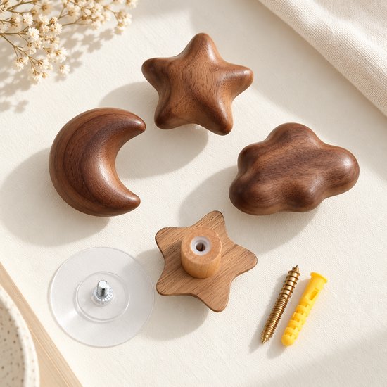 Vavida Wandhaakjes - Hout - Kinderkamer - 4 Stuks - Wolk - Ster - Maan — afbeelding 3