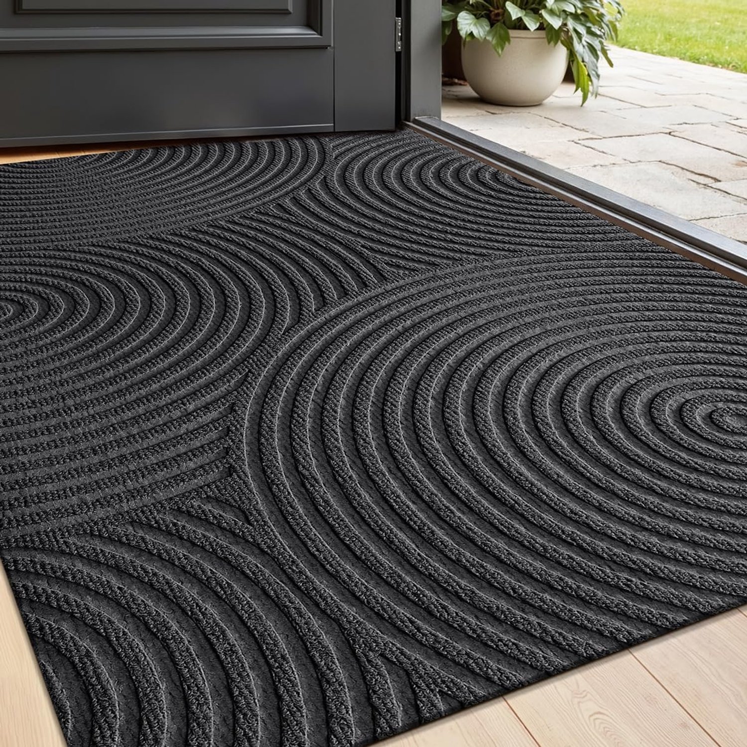 Deurmat voor binnen buiten - Vuilvangmat voor voordeur entree - Antislip mat voor hal - Wasbare mat met groeven - Polyester bovenkant rubber onderzijde - Golvend druppelmotief met cirkels - Zwart - 45 x 75 cm