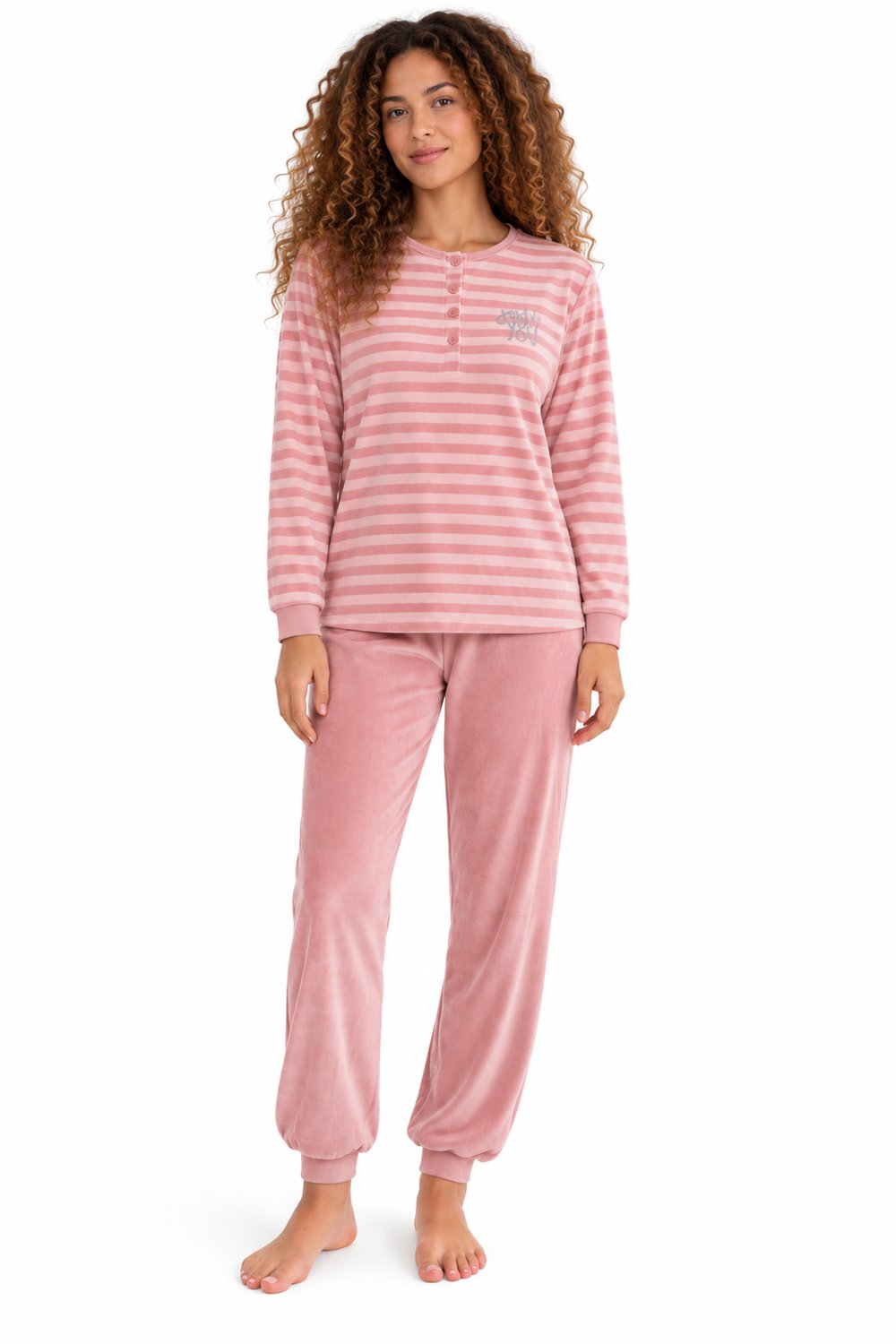 Cocodream - Dames Pyjama Velours - Winter - Roze Gestreept - Maat S