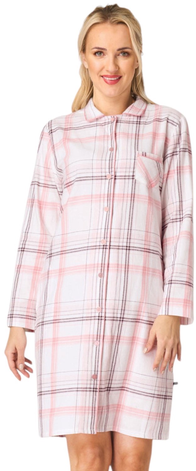 Key Flanellen Nachthemd Dames Doorknoopmodel Lange Mouw Roze Ruit LND 415 42 / XL