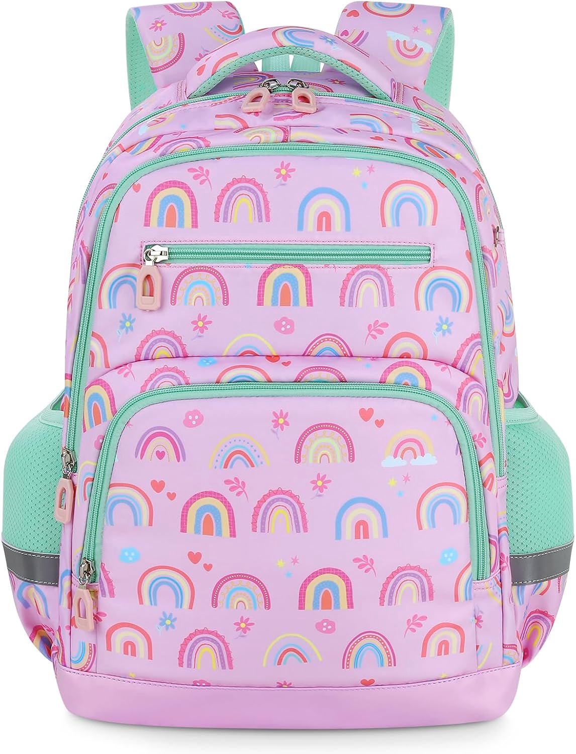 Kinderrugzak - Schoolrugzak voor kinderen - Tas voor basisschool - Met reflecterende details - Gevoerde schouderbanden - Zijvakken voor drinkflessen - Regenbogen en bloemen - Roze mintgroen - 43x32x14,5 cm