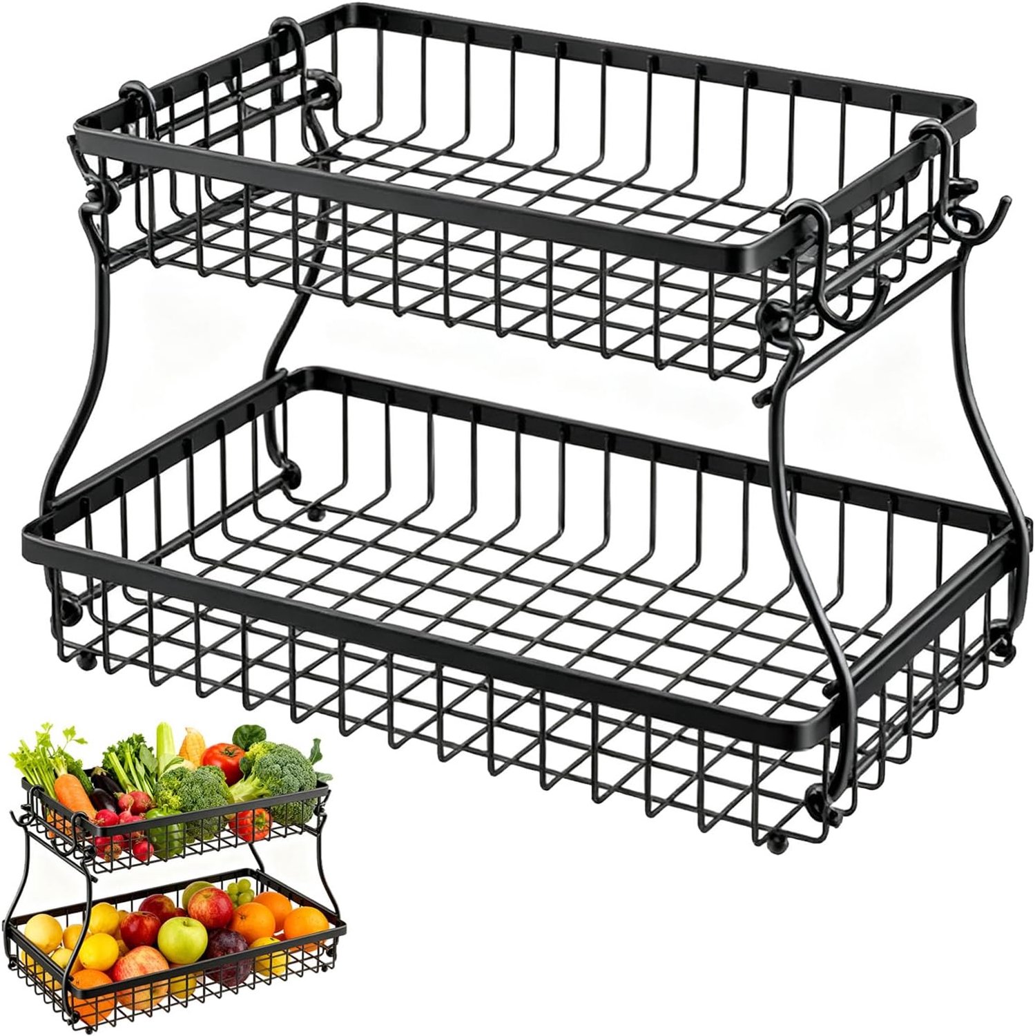 Fruitmand met twee verdiepingen - Metalen fruitschaal voor keuken - Afneembare manden voor opbergen - Klemmen voor tuinafvalbak - Open rooster met zijhaken - Ook voor bananen druiven - Zwart - Twee verdiepingen - 36 x 23 x 24 cm