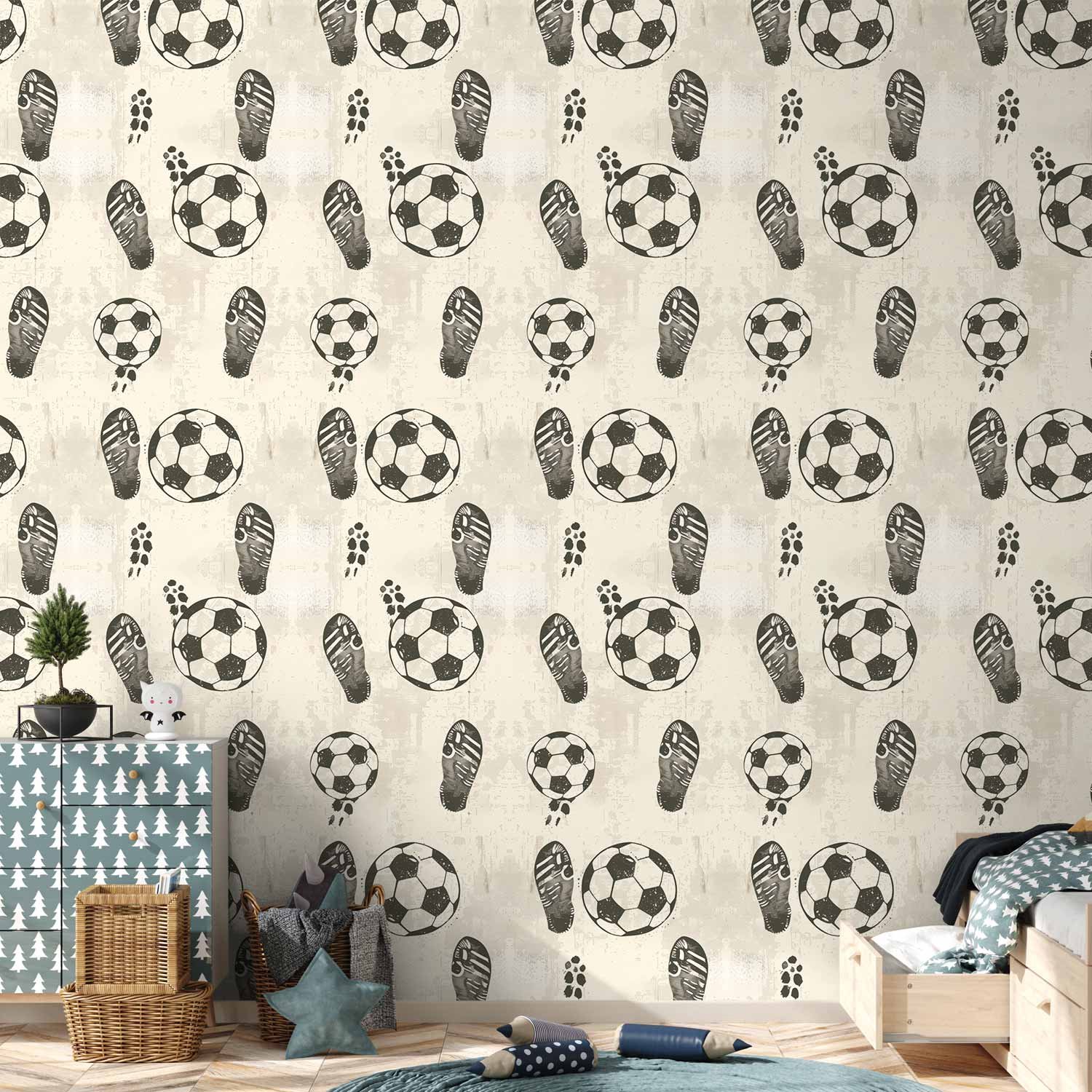 Behang - Traces and Balls - Black-and-white soccer motifs on a beige background.