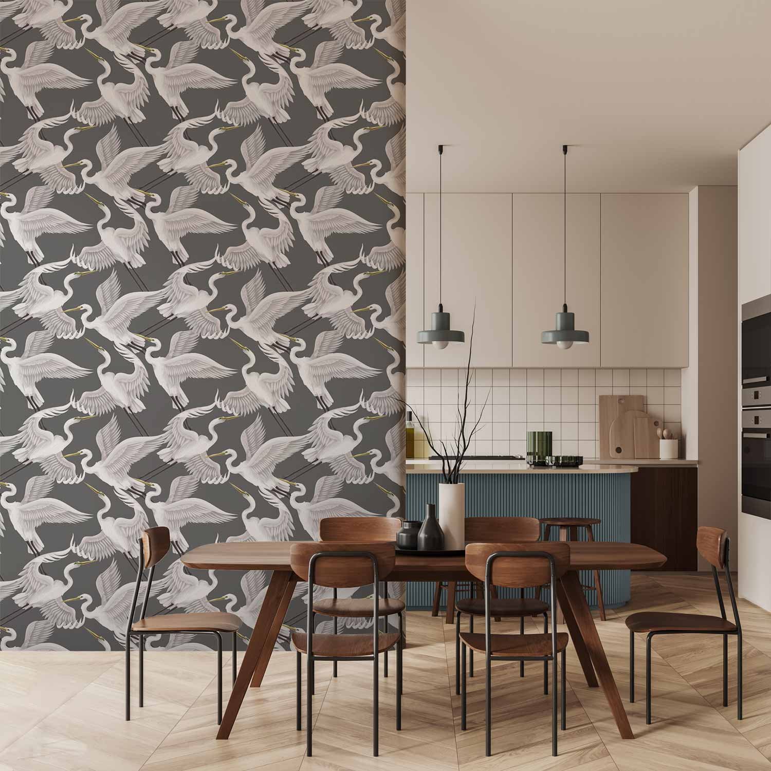 Behang - Flying birds – a delicate pattern of white and grey herons on a grey background