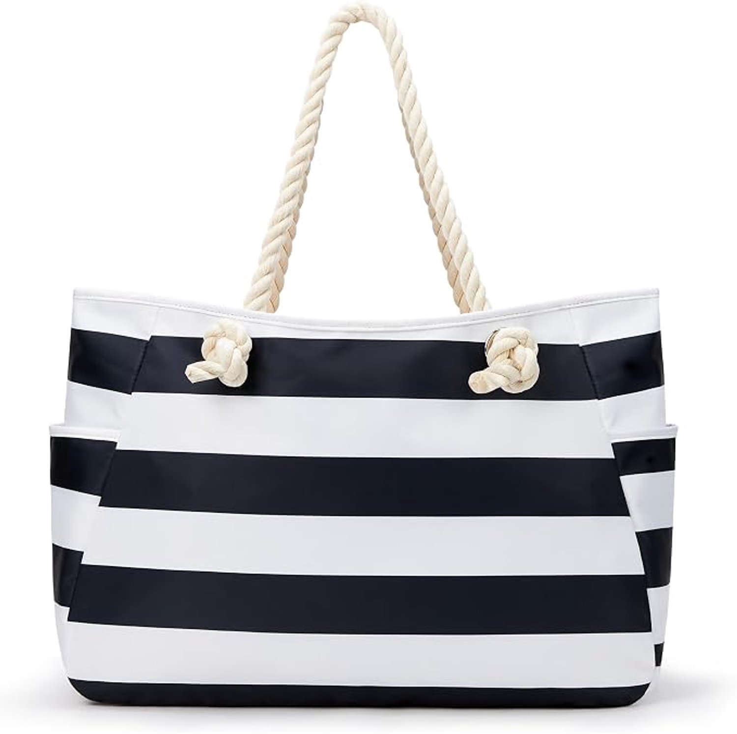 Strandtas groot - XXL shopper dames - Tas met ritssluiting - Voor strand en zwembad - Met binnenvak en steekvakken - Wasbare waterdichte stof - Touw hengsels - Zwart/wit - 61 x 20 x 35 cm