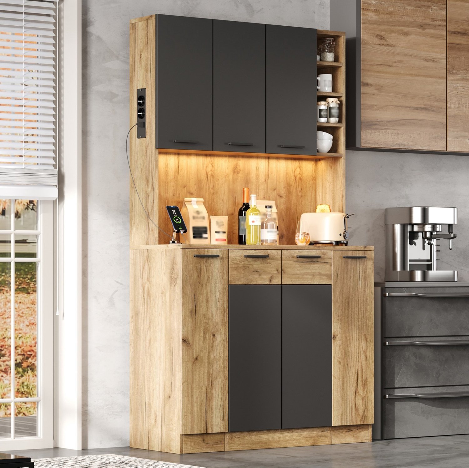 WUVRIE Keukenkast 100 x 40 x 180 cm - LED, stekkerdoos en uitschuifbaar kruidenrek - Zwart/naturel