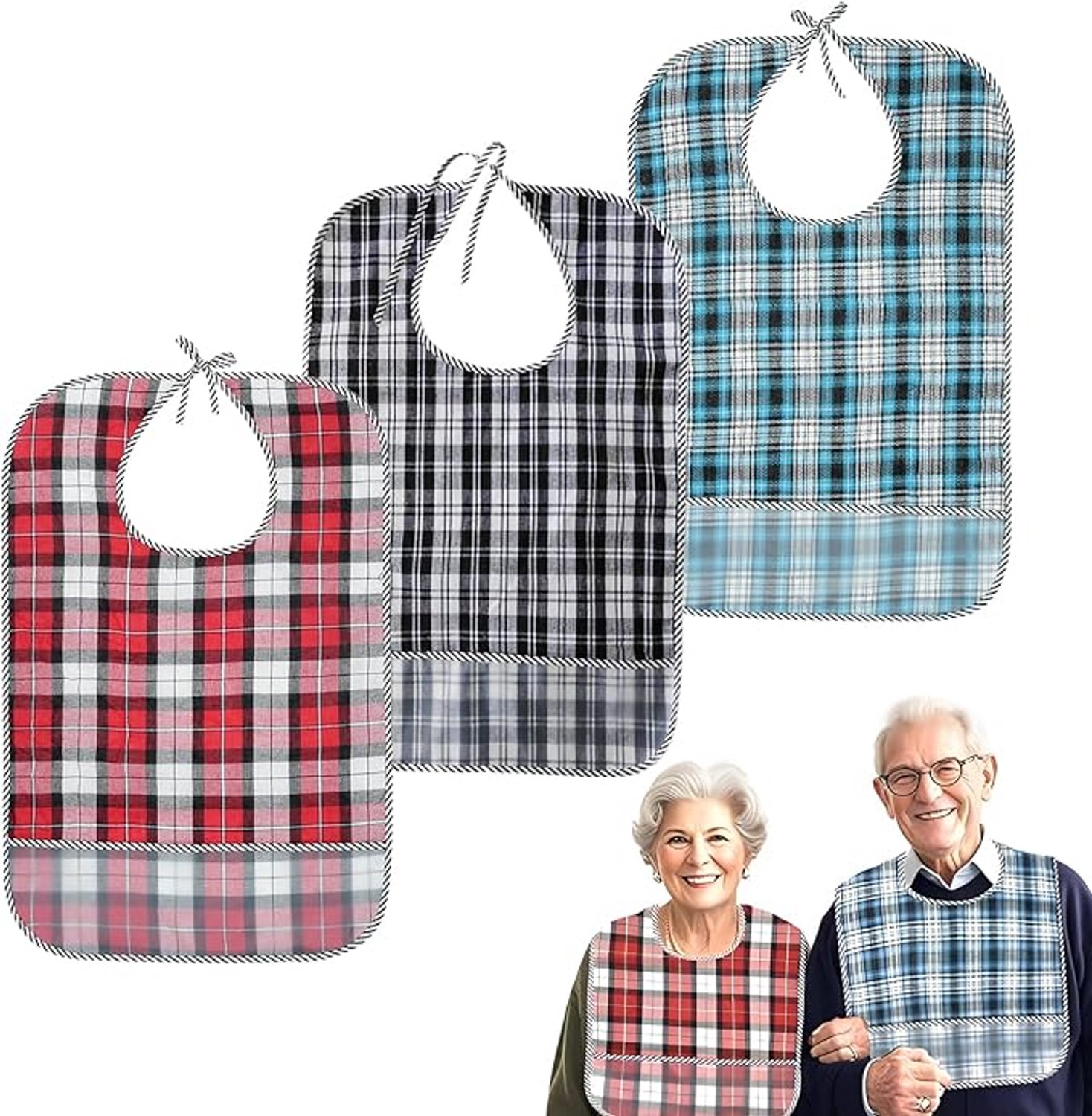Slabbetjes volwassenen - Kledingbeschermers voor eten - Herbruikbare schorten met opvangvak - Waterdichte stof - Met veterkoord rond hals - Wasbaar ruitpatroon - Rood zwart blauw - 3 stuks
