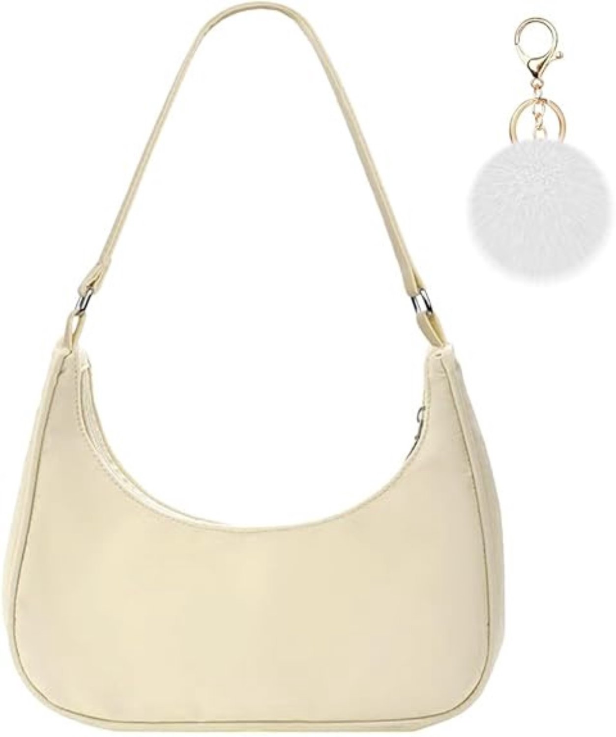 Schoudertas voor dames - Handtas met korte schouderband - Damestas - Compacte tas met ritssluiting - Inclusief bijpassende pompon sleutelhanger - Creme/beige - 27 x 23 x 7 cm