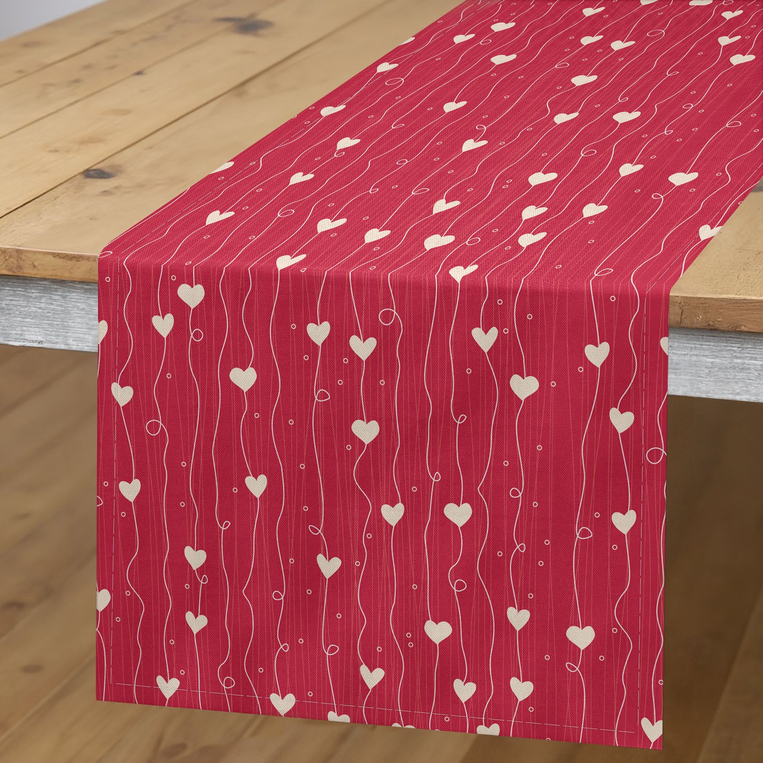 ABAKUHAUS Harten Tafelloper, Valentijnsdag Thema Patroon met Lijnen Stippen en Harten in Levendige Kleuren, Rechthoekige Tafelloper voor Eetkamer en Keuken, 40 x 225 cm, Koraal Crème