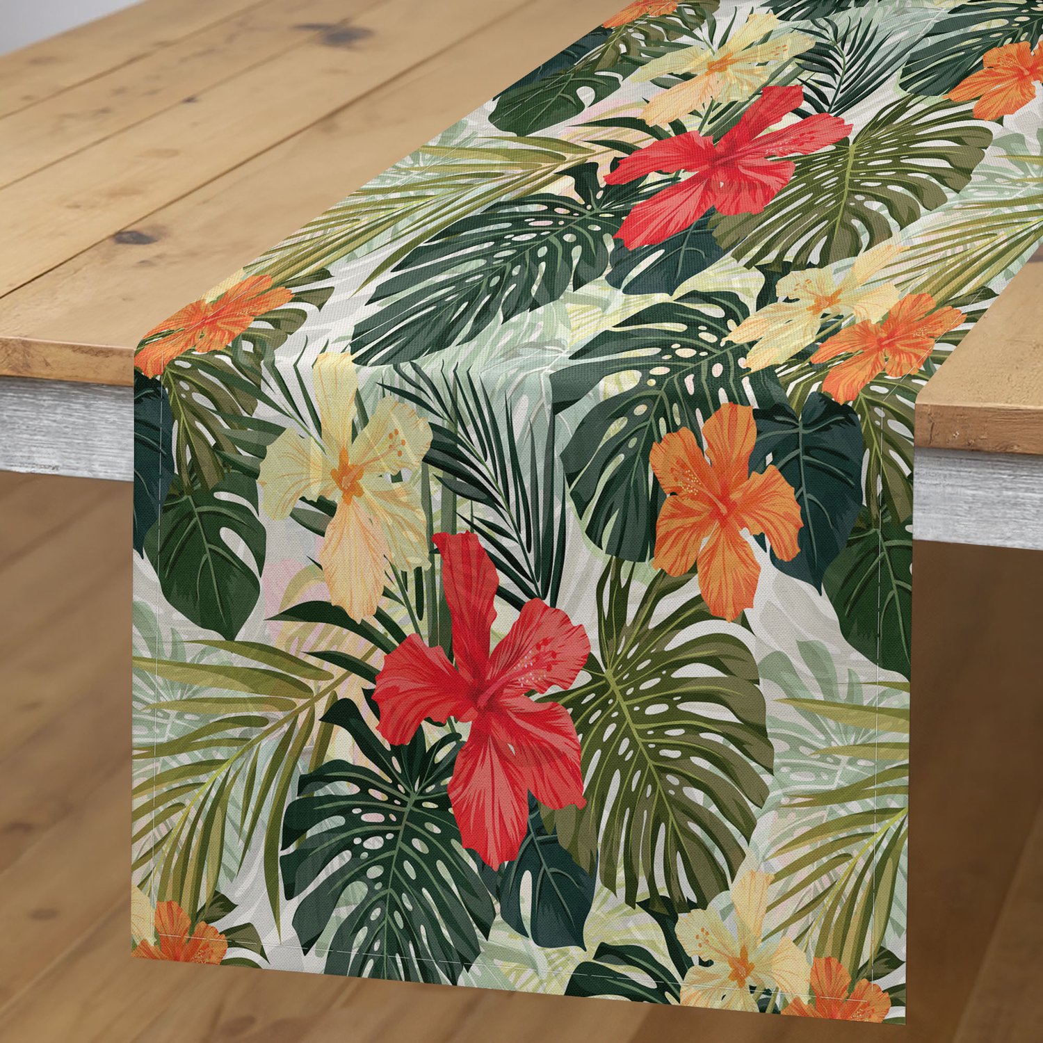 ABAKUHAUS Bladeren Tafelloper, Hawaiiaanse Zomer Tropisch Eiland Vegetatie Bladeren Hibiscusbloemen, Rechthoekige Tafelloper voor Eetkamer en Keuken, 40 x 300 cm, Groen Oranje en Geel
