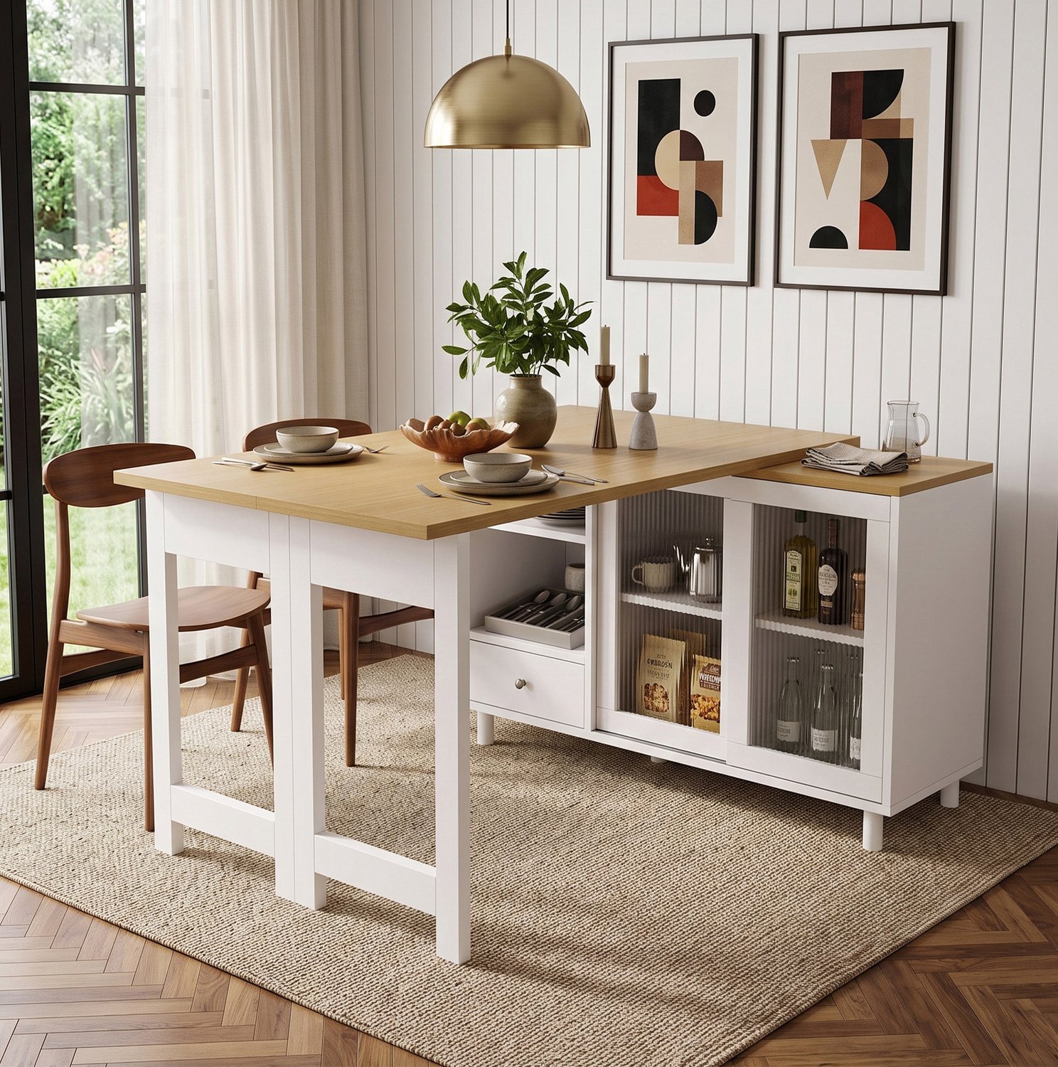 WUVRIE Uitschuifbare klapbare eettafel 120x40x75,5 cm - Met opbergvakken en schuifdeur - Wit/naturel