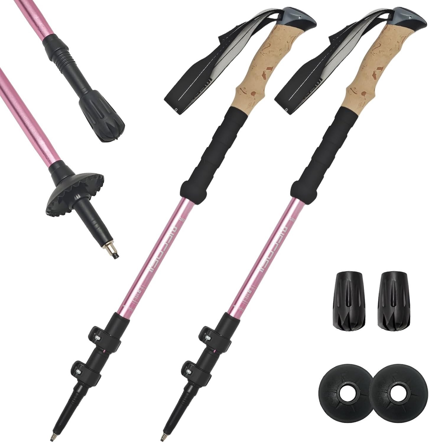 Trekkingstokken - Roze - 62-135 cm - Ultralicht 7075 Aluminium met Kurkgreep - Voor Dames en Heren