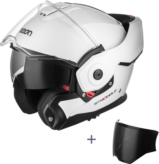 Witte Beon Stradale systeemhelm met helder vizier, inklapbaar zonnevizier en een extra donker vizier erbij.