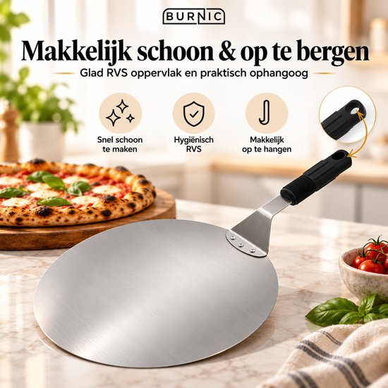 Ronde RVS pizzaschep met zwarte handgreep en ophangoog, geschikt voor eenvoudige reiniging.