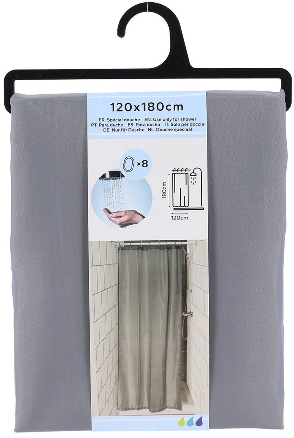 Rideau de douche en polyester avec 8 anneaux 120 x 180 cm gris