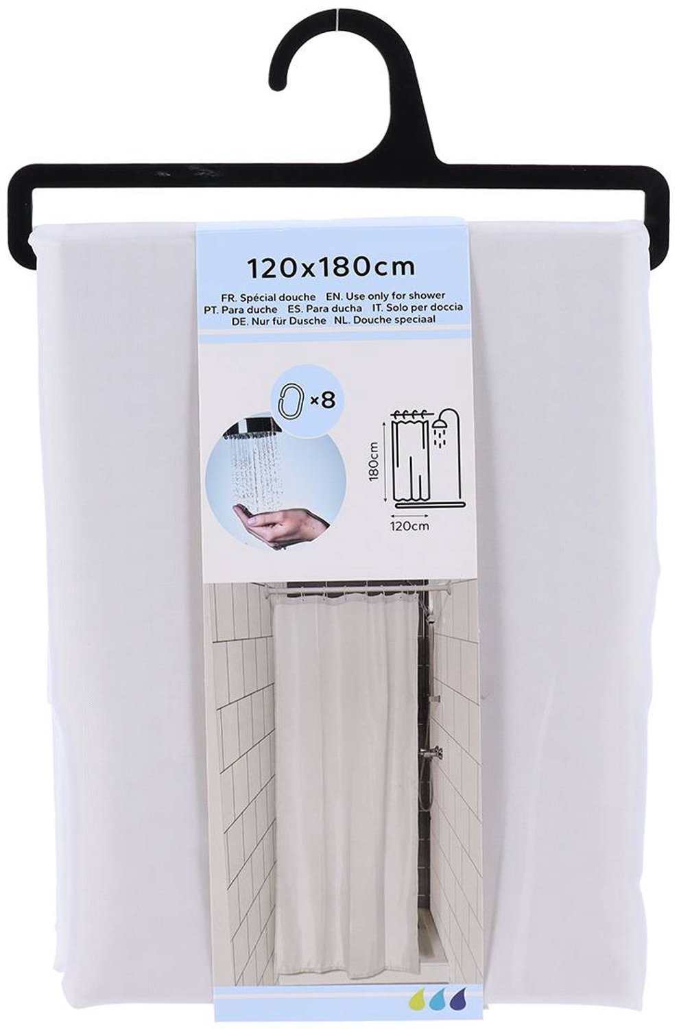 Rideau de douche en polyester avec 8 anneaux 120 x 180 cm blanc