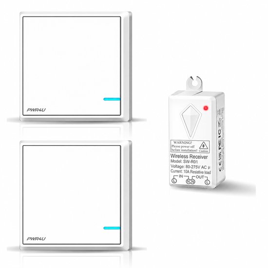 Twee witte PWR4U-schakelaars met blauw indicatielampje en een bijbehorende draadloze ontvanger SW-R01.