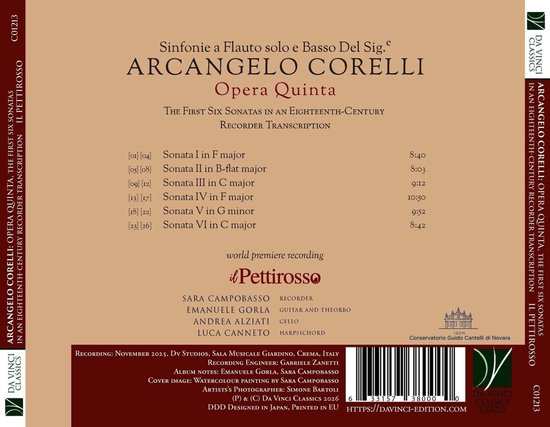 Achterkant van de cd-hoes van Corelli's Opera Quinta met tracklijst, artiesten en barcodes op een beige achtergrond.