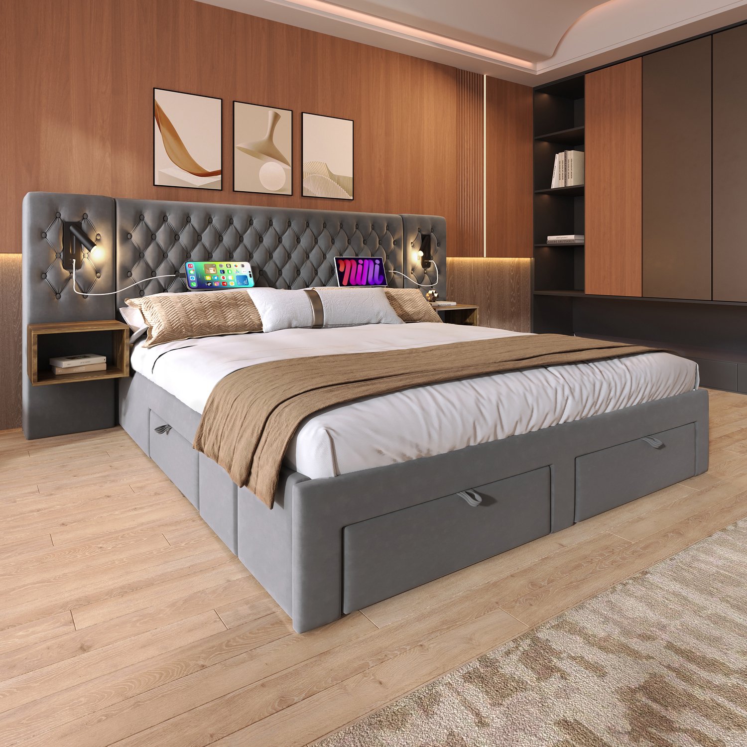 WUVRIE Tweepersoonsbed 160x200 cm met matras - 4 lades, 2 nachtkastjes, leeslampen en USB - Grijs