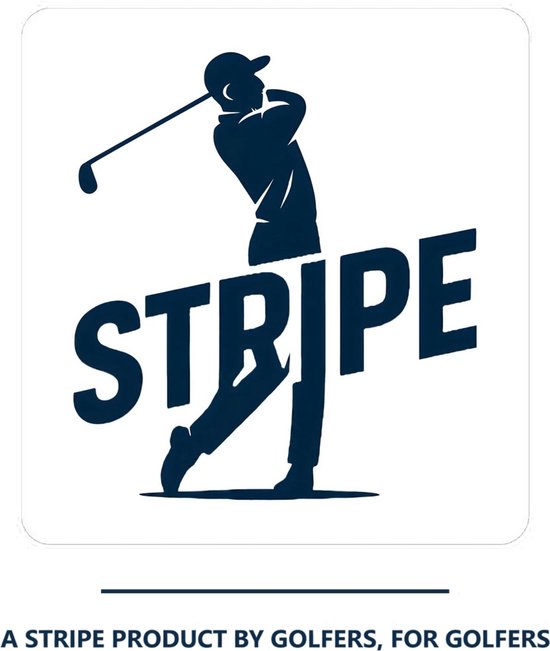 Stripe logo met silhouet van een golfer. Tekst: A Stripe product by golfers, for golfers.