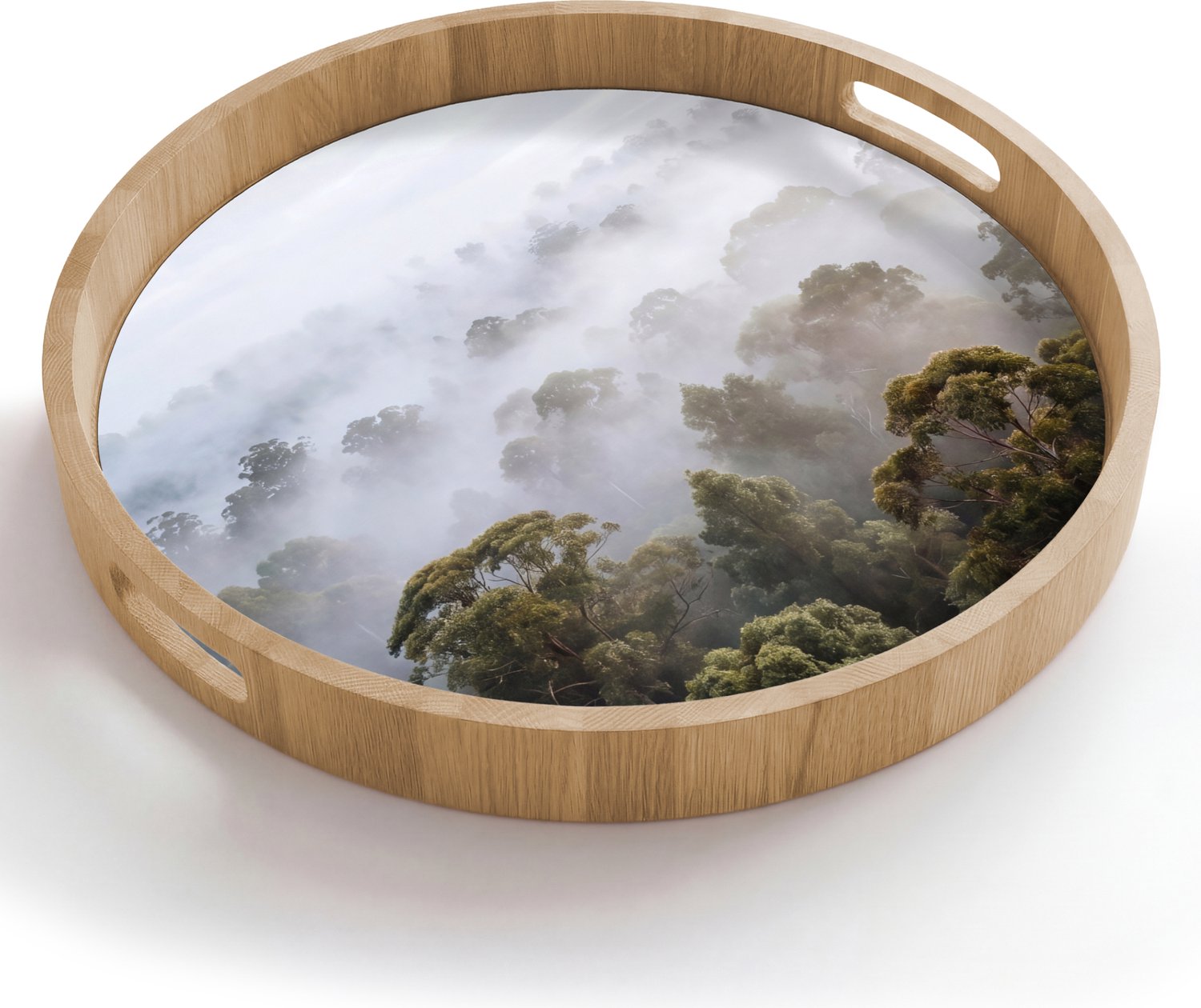 Dienblad rond 50x50 cm - Schootdienblad hout - Natuur - Mist - Bos - Ochtend - Goud - Borrelplank rechthoek - Plateau houten dienbladen
