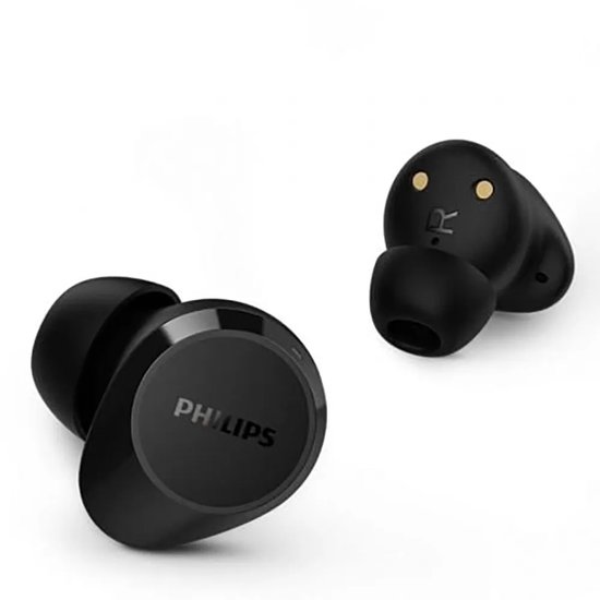 Zwarte Philips draadloze in-ear oordopjes met glanzende ronde behuizing en merkopdruk.