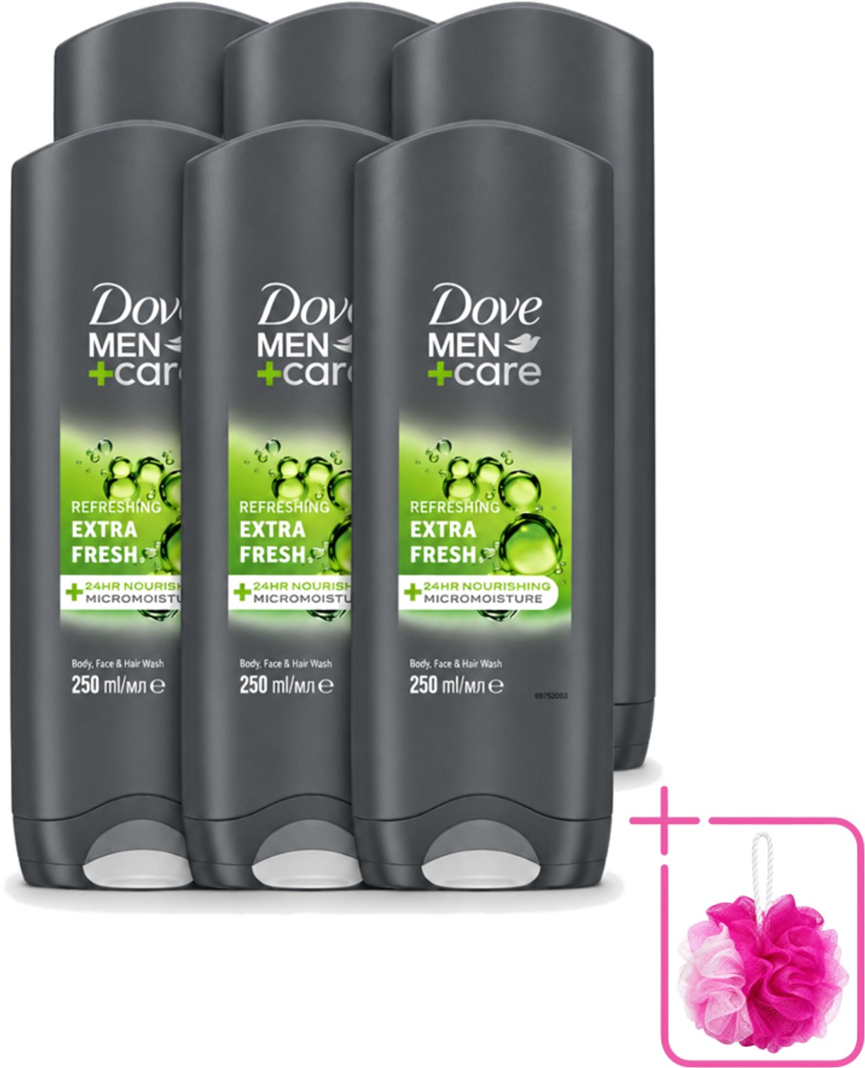 6 x Dove Men+Care Douchegel - Extra Fresh - 250 ml - Bulkverpakking - Douchegel voor mannen - Douchemop - Frisse geur