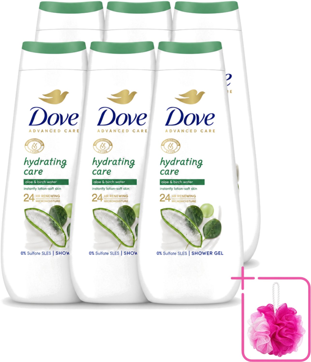 6 x Dove Douchecrème - Hydrating Care - Aloe Vera - 400 ml - Bulkverpakking - Douchecrème - Douchemop - Hydraterende douchegel