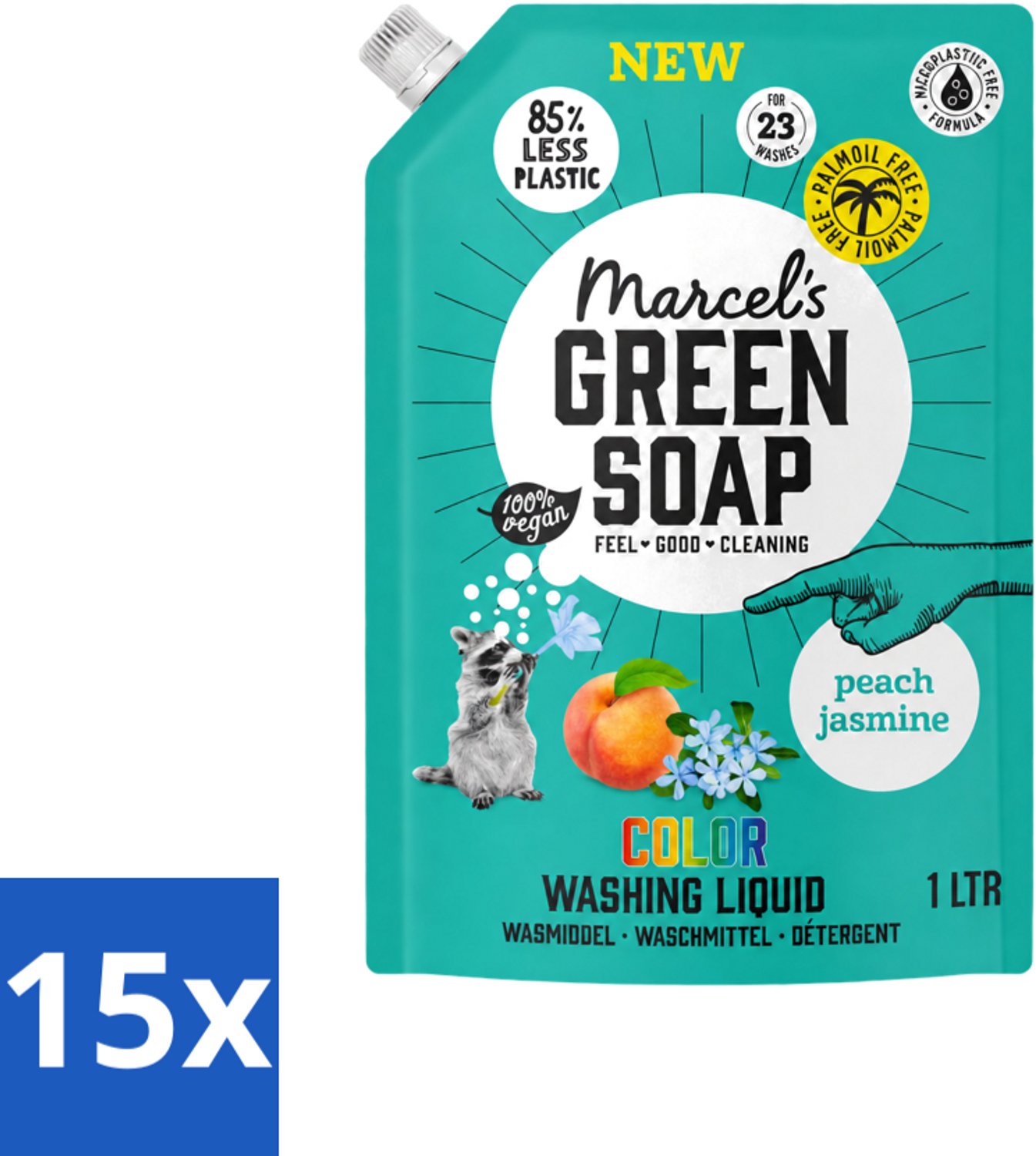15 x Marcel's Green Soap - Vloeibaar Wasmiddel - Kleur - Navulling - Perzik & Jasmijn - Effectief & natuurlijk - 23 Wasbeurten - 1 liter - Voordeelverpakking - 15 stuks