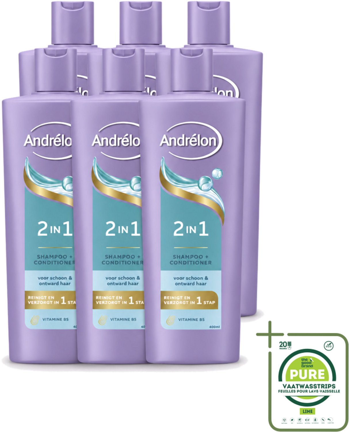 6 x Andrélon – Shampoo 2-in-1 – Iedere Dag – 400 ml - Grootverpakking - Vaatwasstrips - Haar Verzorgen - Haar Reinigen - Shampoo En Conditioner - Vitamine B5 - 2-in-1 Shampoo
