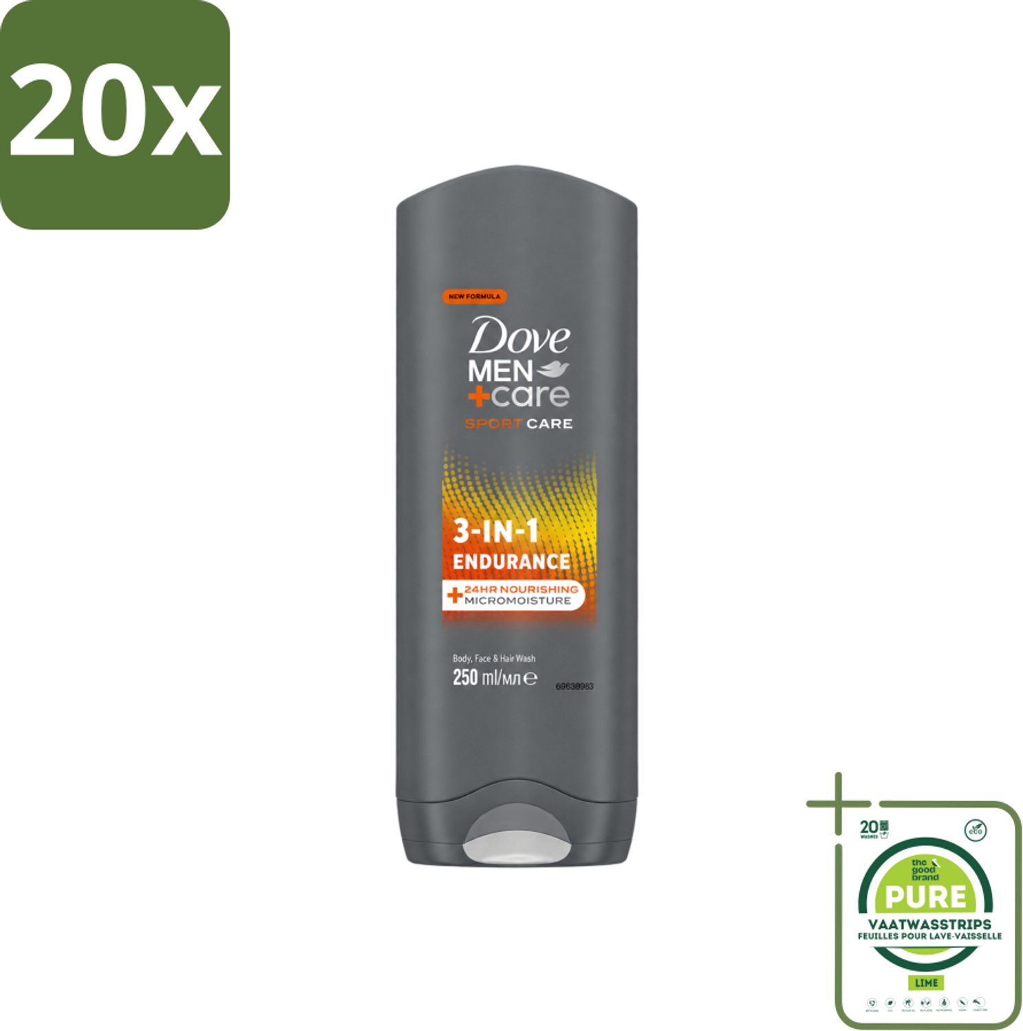 20 x Dove Men+Care 3-in-1 Douchegel - Sport - 250 ml - Grootverpakking - Vaatwasstrips - Sportverzorging - Lichaamverzorging - Gezichtsverzorging - Haarverzorging - Sportdouchegel