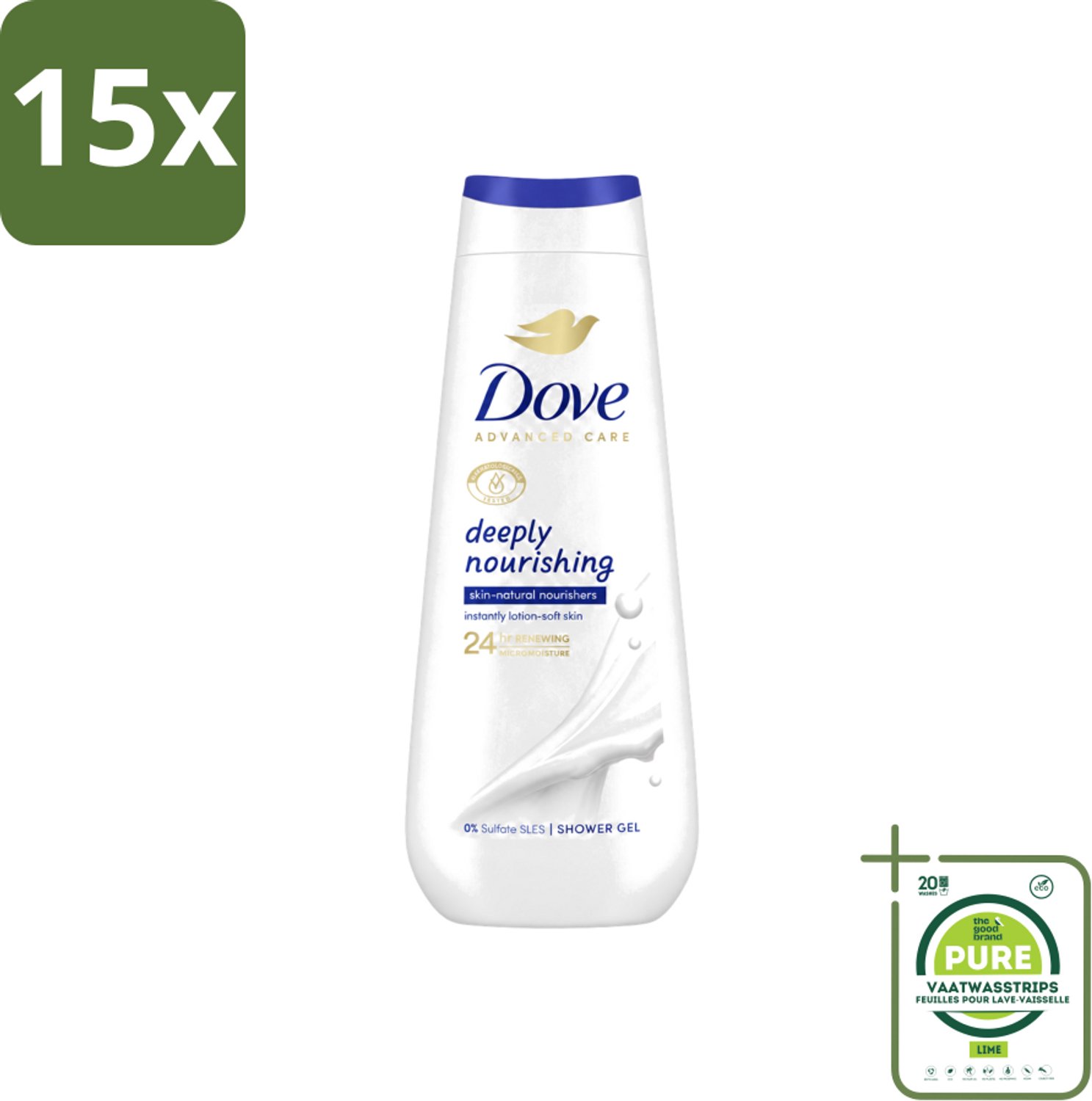 15 x Dove Douchecrème - Deeply Nourishing - 600 ml - Grootverpakking - Vaatwasstrips - Douchegel - Huidverzorging - Droge Huid - Hydratatie - Micromoisture