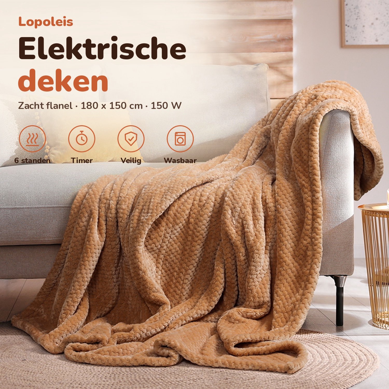 Lopoleis® Elektrische Deken XXL 180x150 cm – Verwarmingsdeken – Infrarood Warmtedeken – Omslagdeken – Flanel & sherpa – 150W – Bruin – foto 3