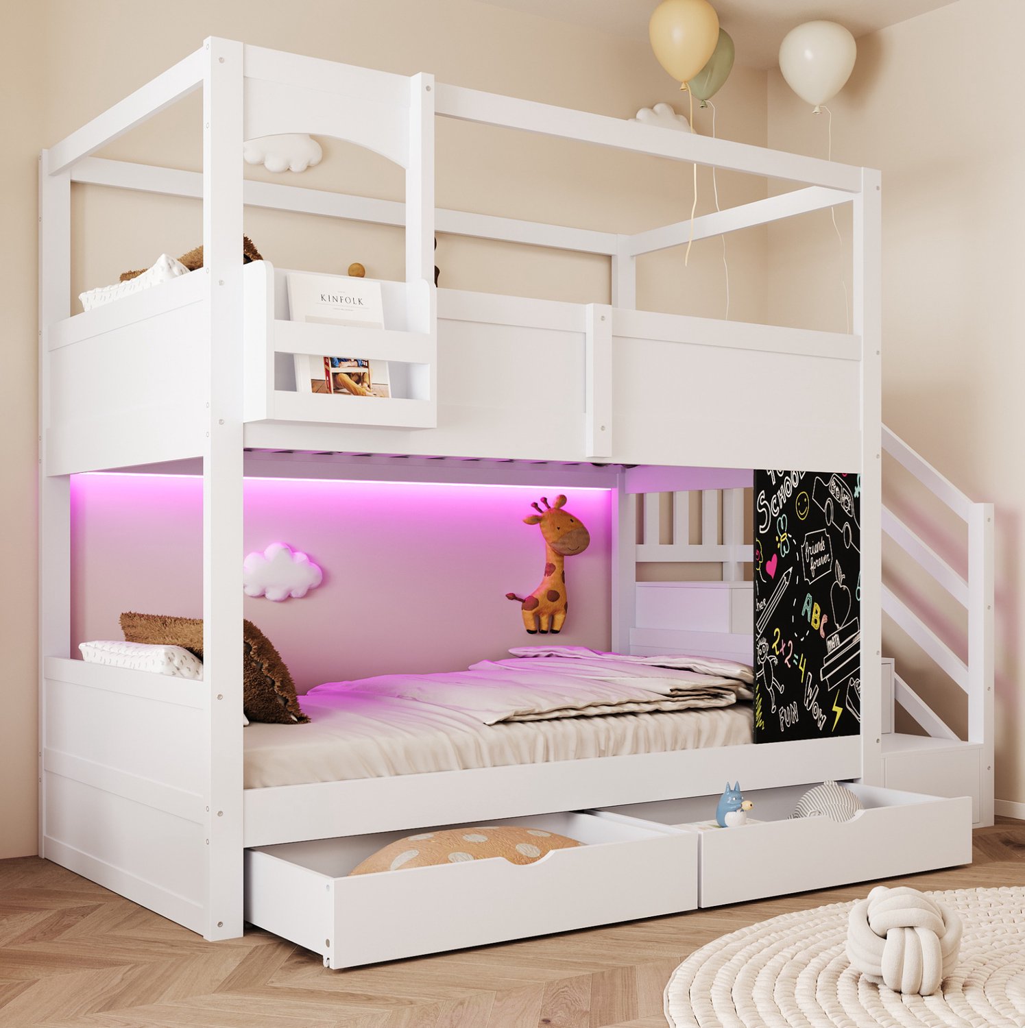 Wishdor Kinderstapelbed 90x200 cm - Huisvorm met uitvalbeveiliging - Opbergladder met vakken en twee bedlades - Verplaatsbare plank en afneembaar krijtbord - Hout en MDF - Wit