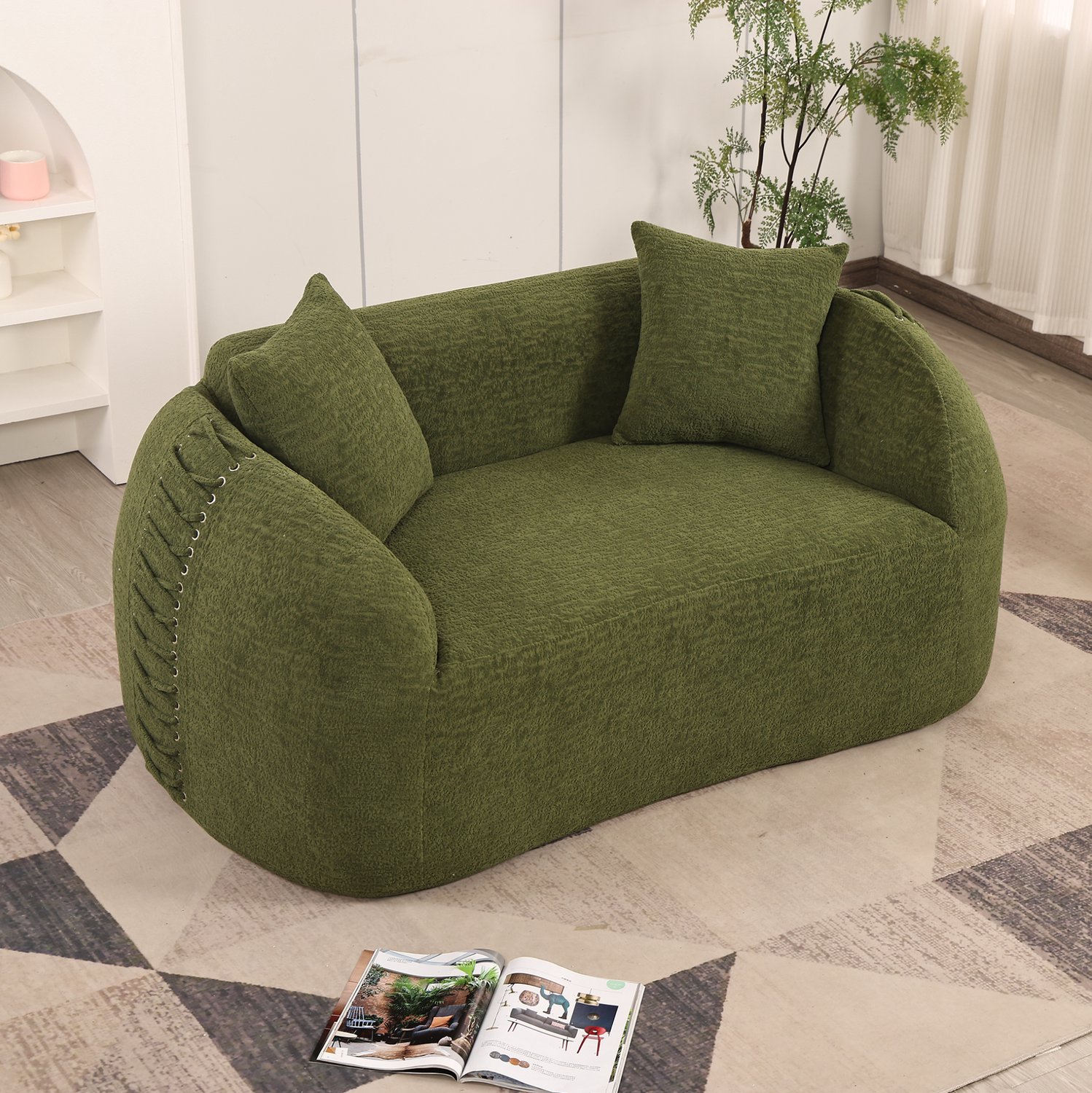 MIVRAY Zitbank 155 x 90 x 67 cm - Gebogen Tweezitsbank met Sierkoord en Twee Kussens - Voor Woonkamer en Slaapkamer - Chenille - Groen