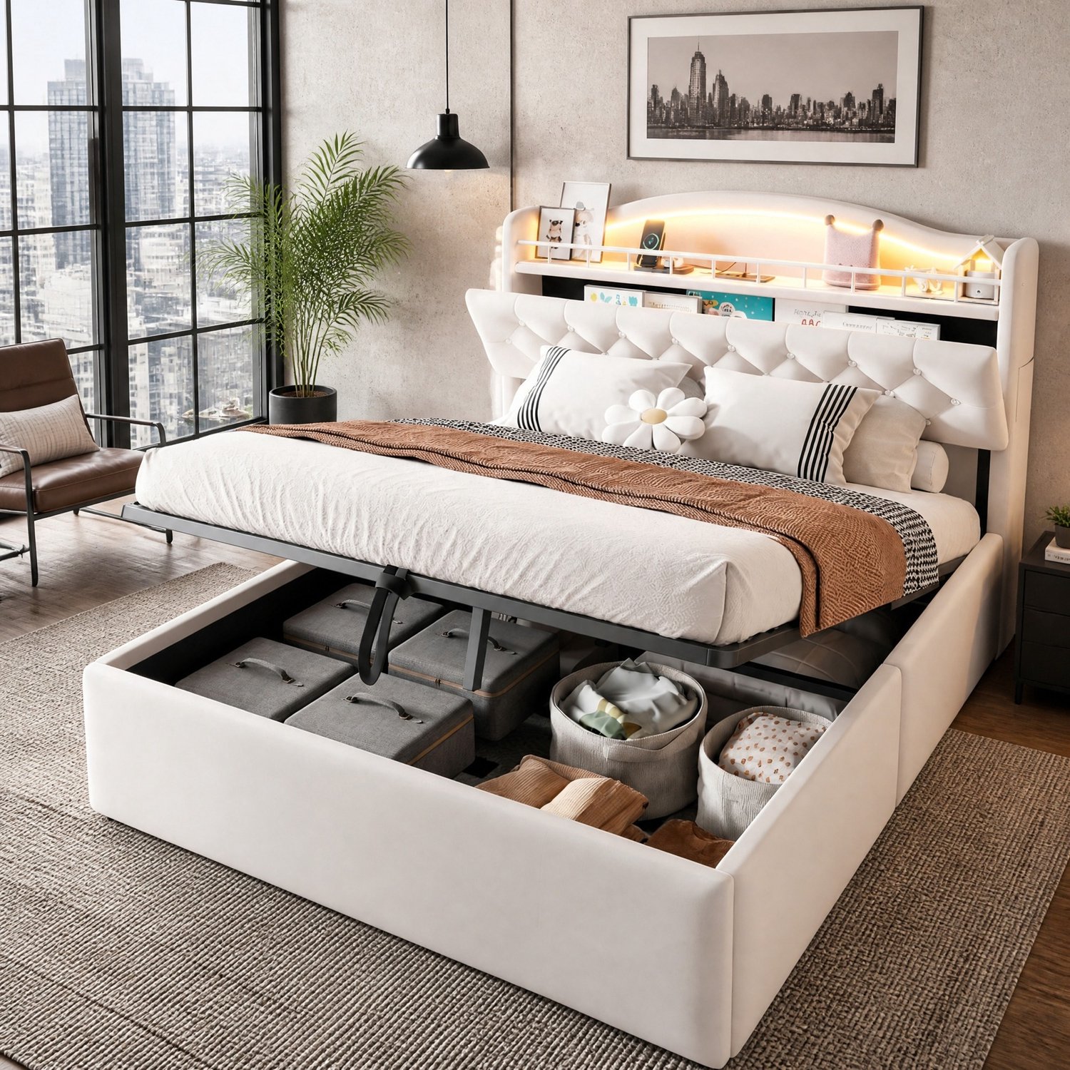Wishdor Tweepersoonsbed 140x200 cm - Hydraulische opbergruimte - LED-hoofdbord met USB en USB-C - Opbergvakken en metalen lattenbodem - Slaapkamer - Fluweel en MDF - Beige Wit