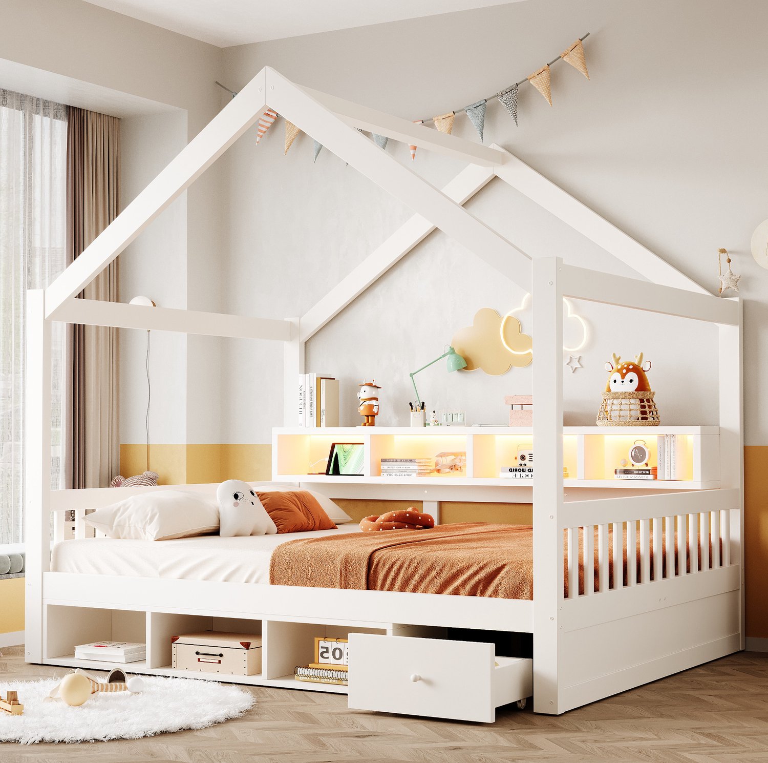 Wishdor Huisbed 140x200 cm - Dakvormig frame met veiligheidshekken - Opbergruimte met planken vakken en lades - LED-verlichting en stopcontacten - Lattenbodem - Hout en MDF - Wit