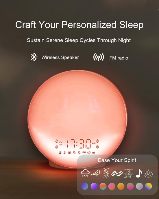 Wake up Light met Lichtwekker Functie - Digitale Wekker Zonsopgang Simulatie Twee Alarmen - Sfeerlamp Nachtlampje Slaapkamer Wit — afbeelding 2