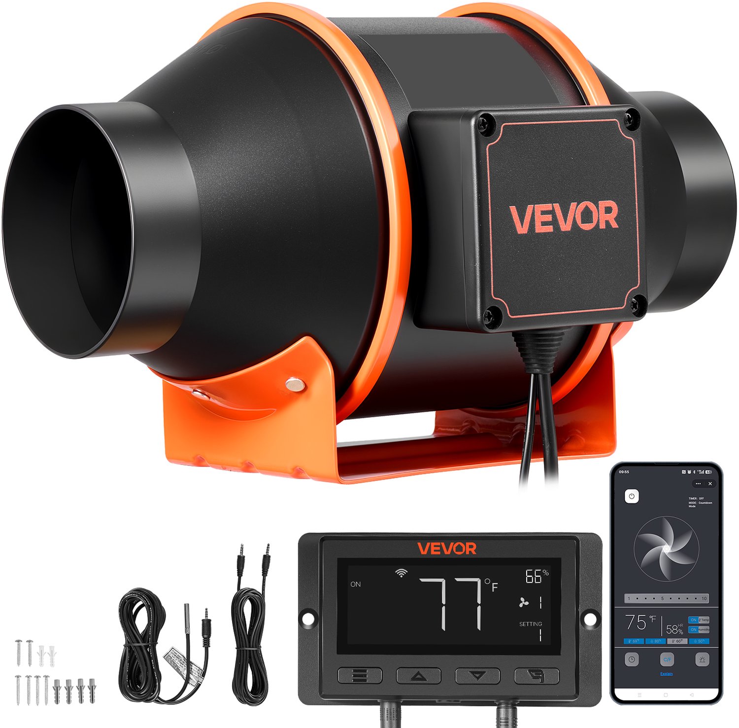 VEVOR Inline Kanaalventilator, 349 m³/u 101,6 mm EC-Motor, Afzuigventilator met 10 Snelheden, PWM-Controller, App-Bediening, Temperatuur- en Vochtigheidssensor, Koeling voor Kweektenten, Binnentuinen en Hydrocultuur