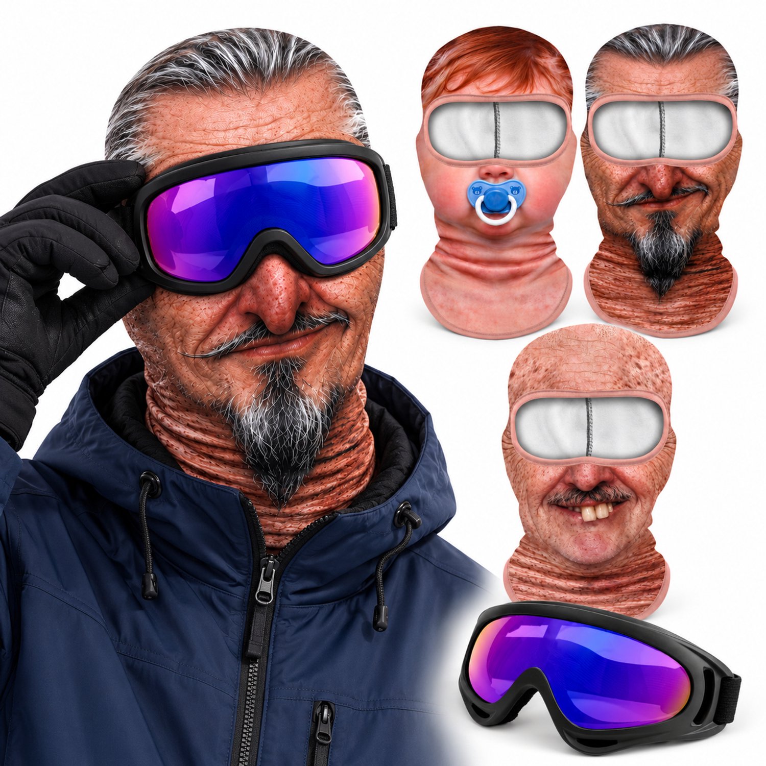 VHV-Skimaskers met skibrillen Grappige 3D-gezichtsprints Unisex Met UV-bescherming Voor skiën snowboarden Halloween en carnaval en 1+3 artikelen Veelkleurig