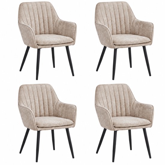 Set van vier taupekleurige eetkamerstoelen met zwarte metalen poten en verticale stiknaden.