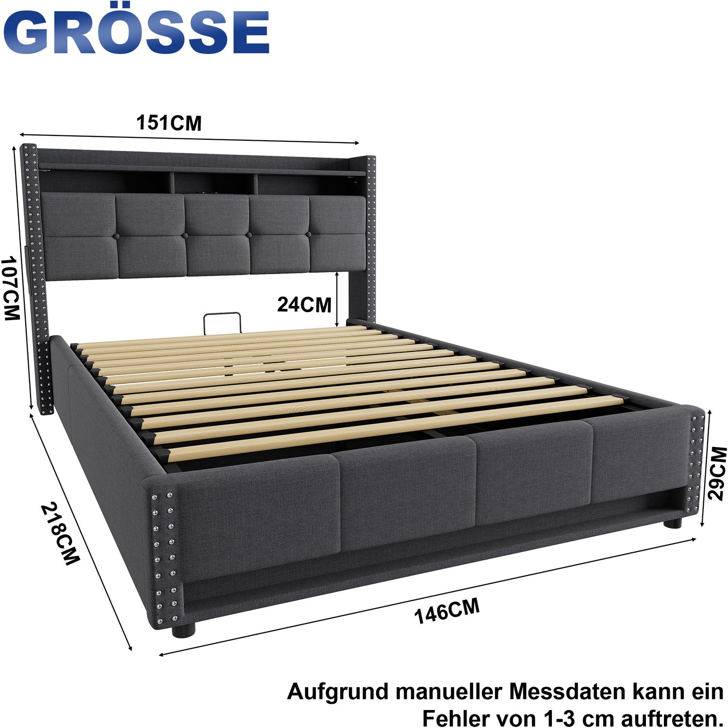 HAUSS SPOLE Gestoffeerd Bed 140x200cm - LED Verlichting, USB Oplaadpoorten en Opbergruimte - Modern Ontwerp voor Slaapkamer - Linnen - Donkergrijs - Zonder Matras